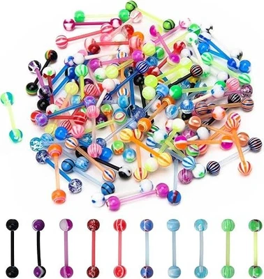 CrazyPiercing 100Pcs 14G Acrylic Tongue Rings, Multi Color Assortment Flexible T - Image 1 of 4