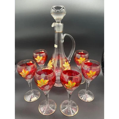 Vintage Crystal Wine Pitcher/Decanter, 6 Stemware Glasses/ Ruby Flash Romania - Image 1 of 4