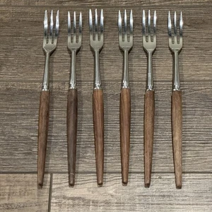 MCM lange Edelstahl Gabeln dunkles Holz Teak Griffe FONDUE Japan 6er Set Vintage - Bild 1 von 6