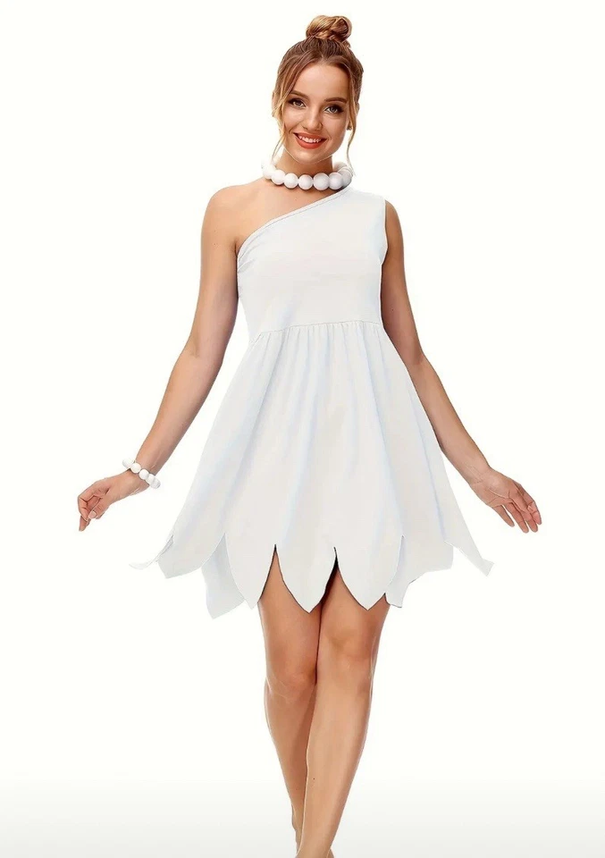Fantasia Wilma Flintstone Vestido Branco Tamanho Pequeno Um Ombro Halloween Cosplay NOVO - Imagem 1 de 2