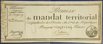 BY246- France 1796 - Mandat Territorial Banknote - 25 Francs - ASSIGNAT - Image 1 of 2