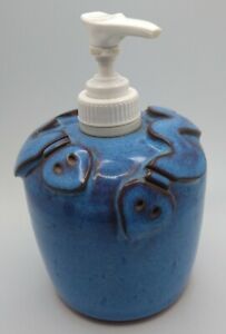 Rattlesnake Pottery Soap Pump Dispenser Hand Made Glazed Blue - Signed Stef