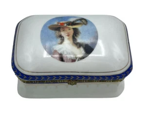 Trinket Box Vecceli Italy Lady in Hat Porcelain Box Blue Gold 4"x3"x2" Hinged - Picture 1 of 12