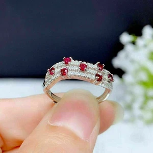2 Ct Round Cut Ruby and Diamond Simulated Cluster Band Ring 925 Sterling Silver - Picture 1 of 4
