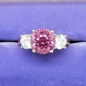 2Ct Round Pink Lab-Created Diamond Engagement Ring 3 Stone Promise Silver Ring - Picture 1 of 6
