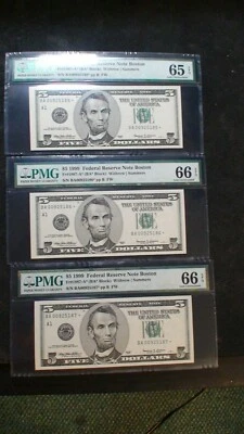 THREE 1999 PMG GEM UNC 65 & 66 EPQ Five Dollar BOSTON FED RESERVE NOTES $5 Bills - Image 1 of 4