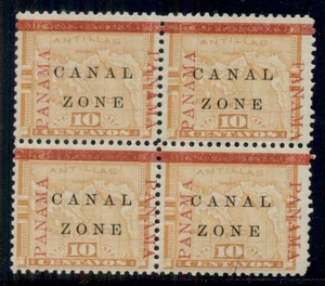 ZONA DEL CANAL #13v amarillo 10¢, Bloque de 4, variedad "Panamá 5mm debajo de barra", - Imagen 1 de 1