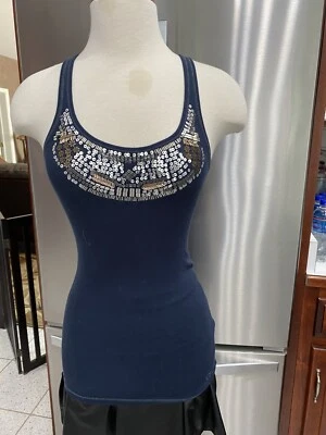 Gilly Hicks Sydney TALLA S CAMISETA SIN MANGAS AZUL MARINO CUCHARADA PLATA Y ORO LENTEJUELAS CUELLO  Foto 1 de 3