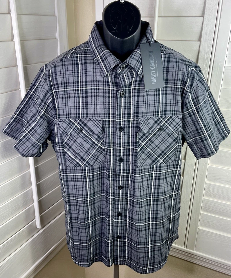 Harley-Davidson Genuine Grey Plaid SS Button Up Shirt 96630-23VM - Men’s L -