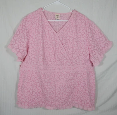 Women's Barco Juniors Pink Floral Medical Scrub Top, 2XLrg. Slightly Sheer - Image 1 of 4