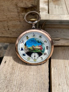 Antique Rare Masonic Simbols Revue Swiss 0.800 Silver Gold Pocket Watch with Box - Picture 1 of 12