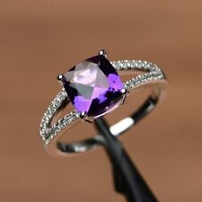 2.00Ct Cushion Cut Lab Created Amethyst Solitaire Ring 14K White Gold Plated
