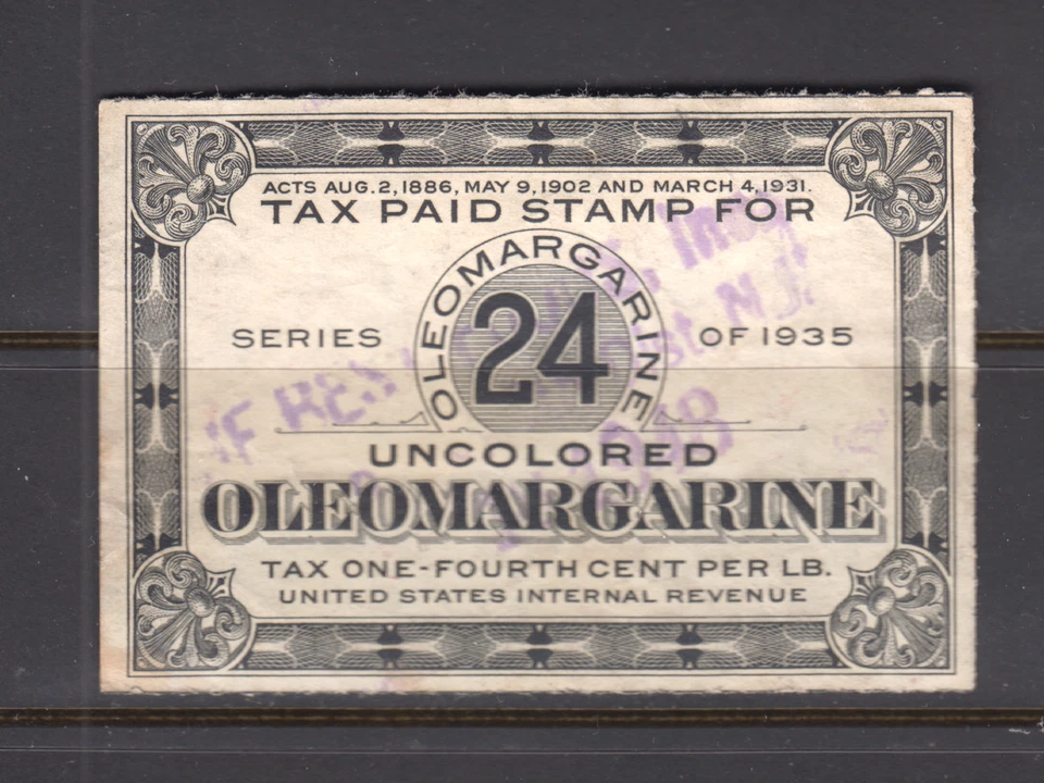 US  OLEO  MARGARINE #24 TAX  REVENUE 1938 HAND STAMP VF H1839 D - Image 1 of 1