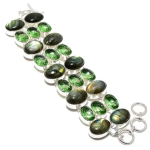 Natural Labradorite, Tsavorite Gemstone 925 Sterling Silver Bracelet 7-8" E569 - Picture 1 of 5