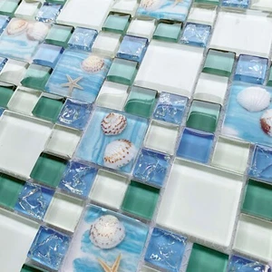 11 PCS Beach Style Glass Backsplash Tile Crackle Mixed Blue & White Mosaic Walls - Picture 1 of 6