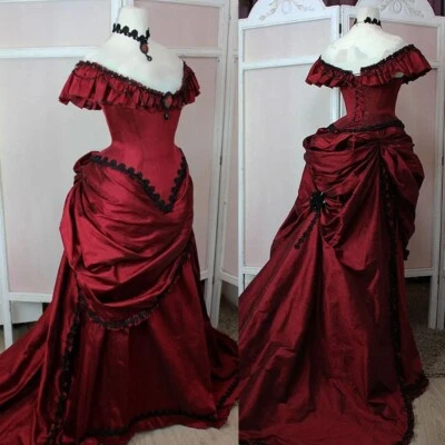 Vestidos de novia victorianos acanalados rojo oscuro fuera del hombro vintage princesa Foto 1 de 4