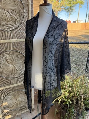 Urvashi 100% Seda Cuentas Bufanda Envoltura Negra Hecha en India Foto 1 de 4