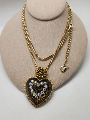 Rare Vintage Betsey Johnson Chunky Lucite Leopard Heart Rhinestones Necklace  - Image 1 of 4