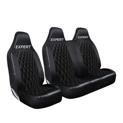 FOR PEUGEOT EXPERT VAN - PREMIUM BLK LEATHER FRONT SEAT COVERS WITH WHITE LOGO - Image 1 of 2
