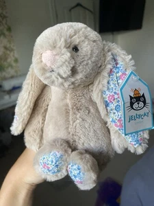 Jellycat BNWT "I am Small Blossom Beige Bunny" BL6BB Retired Rare Blue Floral - Picture 1 of 3