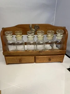 Vintage Wood Spice Rack W/Drawers 6-Glass Spice Jars Rooster Emblem - Picture 1 of 5