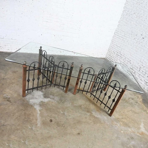 Antique Rustic Wrought Iron Fence Base Custom Dining Table & Beveled Glass Top Cover