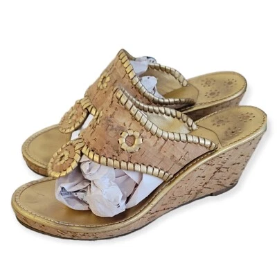 Jack Rogers Leather Tan Cork Wedge Sandals and Gold Trim . Size 6.5 - Image 1 of 4