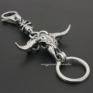 316L Stainless Steel Minotaur Skull Key Ring Mens Biker Punk Keychain 4R020KCD - Picture 1 of 5