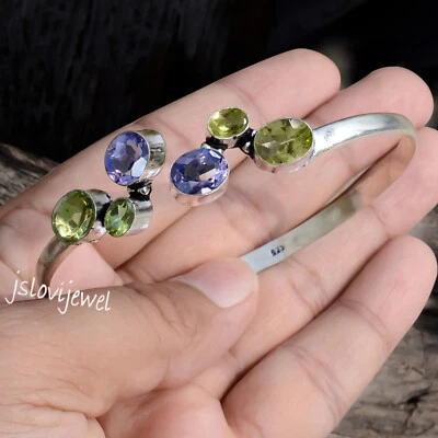Faceted Peridot & Amethyst Cut Gemstone Cuff 925 Sterling Silver Charm Bracelet - Image 1 of 4