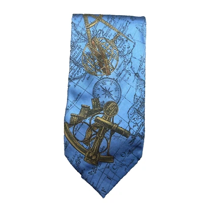 Corbata Estructura Mapa del Viejo Mundo Brújula Hombre Hecha en Italia Pura Seda Azul Foto 1 de 4