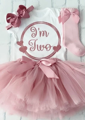 FLORENCE LILY BOUTIQUE Girls 2nd Two Second Birthday Full Outfit Dusky Pink Rose Gold Glitter Net Tutu