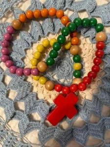 VTG 1975 Catholic ROSARY BEADS Baby Child Wood Colorful Chunky Non-Toxic Un-Used - Picture 1 of 6