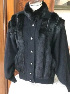Schöne Vintage Angora schwarze Strickjacke Pullover ~ Kaninchenfell Strassbesatz ~ M - Bild 1 von 12