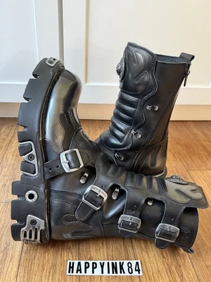 ✅New Rock 591-S2 Silver Flame Boots Metal Black Leather Heavy Punk Gothic Boots - Image 1 of 4