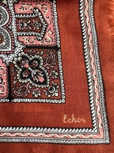 ECHO Vintage Square Scarf 100% Wool 26”x26” Rust Paisley Print Japan - Picture 1 of 5