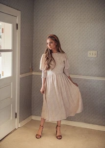 Jessakae Dress Cream Pattern Smocked Midi Dress Size XL Shirred Bodice - Bild 1 von 12