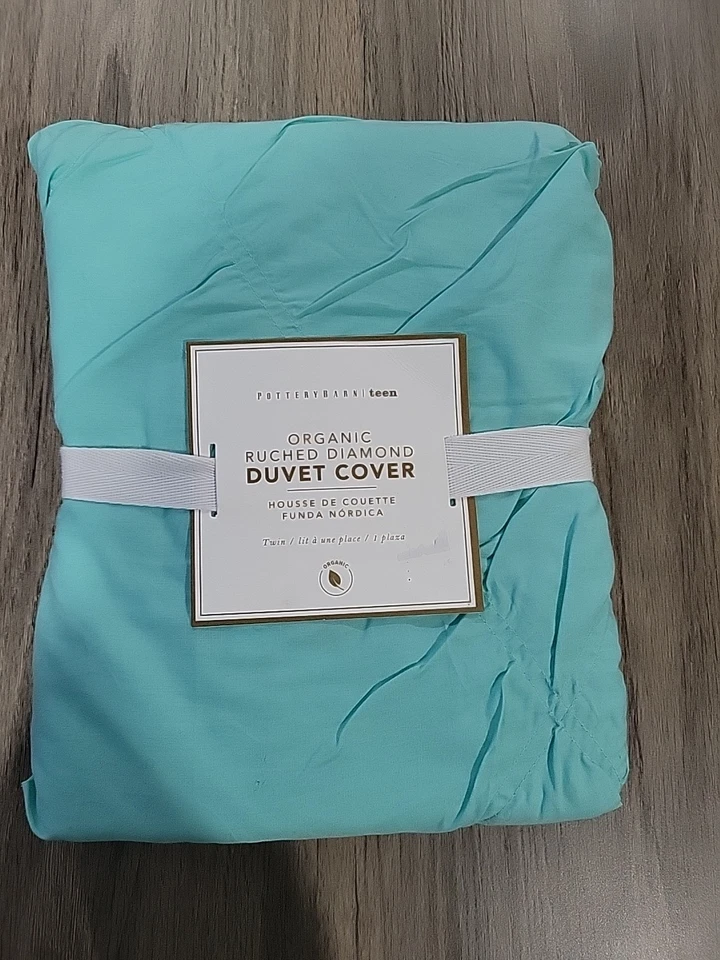 Funda nórdica Pottery Barn Teen orgánica con diamantes acanalados azul verdoso doble #N10 Foto 1 de 4