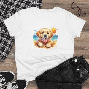 DigiPups Golden Retriever Puppy Dog Fun Sun Beach Scene #2 Ladies T Shirt - Picture 1 of 4