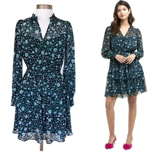 Draper James Dark Floral Belted Chiffon Mini Dress XS Emerald Vine - Picture 1 of 11