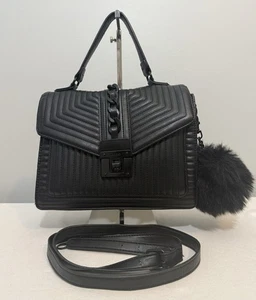 ALDO Quilted Satchel Crossbody Shoulder Bag Black Faux Leather Turn Lock Charm - Picture 1 of 20