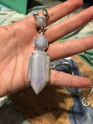 Kendra Scott Wyatt Iridescent Blue Lace Agate Silver Pendant Necklace Rare HTF - Image 1 of 4