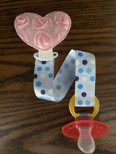 Pale Pink Heart Ribbon Pacifier holder clip strap, binky, paci leash-Handmade - Picture 1 of 2