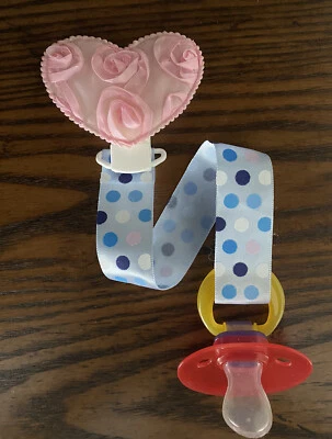Pale Pink Heart Ribbon Pacifier holder clip strap, binky, paci leash-Handmade - Image 1 of 2