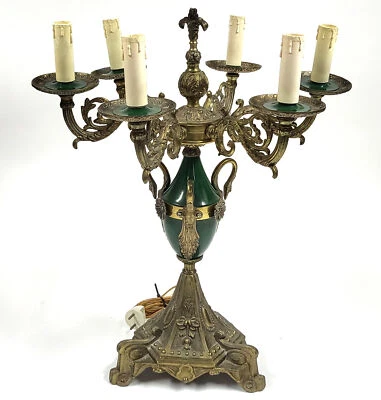 Antique Baroque Brass Candelabra Lamp – 6 Arms Green Enamel – 220V Europlug - Image 1 of 4