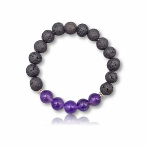 Amethyst & Black Lava Smooth Round 8MM Gemstone Beads Stretchable Bracelet 6-8" - Picture 1 of 9