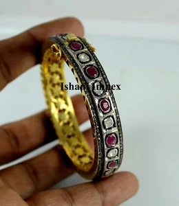 Bangle Natural Diamond & Diamond Polki, Ruby 925 Sterling Silver Bangle Jewelry - Picture 1 of 5