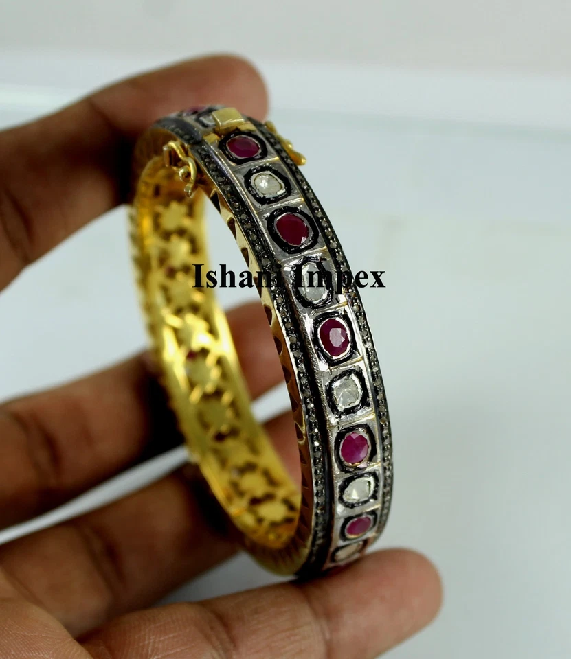 Bangle Natural Diamond & Diamond Polki, Ruby 925 Sterling Silver Bangle Jewelry - Image 1 of 4