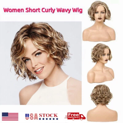 10 Inch Women Short Curly Wavy Bob Wig Fluffy Blonde Hair Cosplay Fashion Wig US - Image 1 of 4