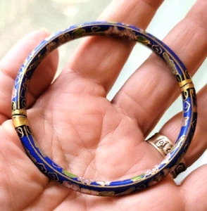 Vintage Blue/Green/Gold/Pink/White Cloisonne Hinged Bangle Bracelet Asian Floral - Picture 1 of 5