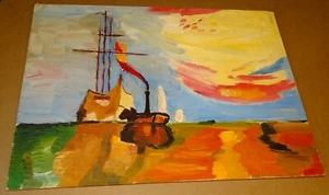 "Pintura de 12x16" (¿puesta de sol y barcos?) Pinceladas gruesas pesadas, artículo de patrimonio - Imagen 1 de 4